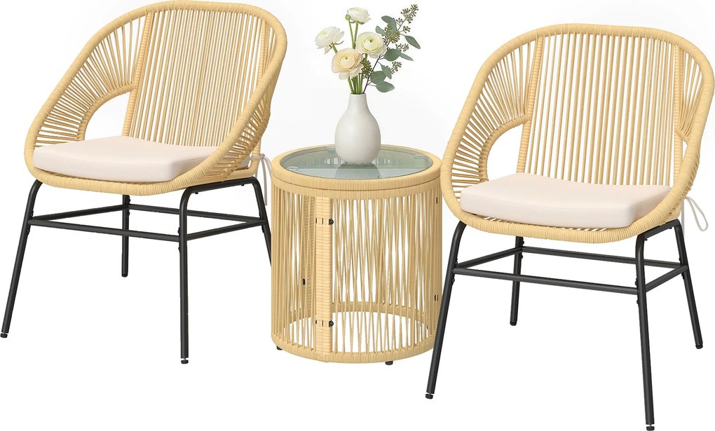 Outsunny Set bistro Rattan 3 piese, set mobilier de grădină cu 2 scaune, masă cu blat din sticlă, perne lavabile, ergonomic | Aosom Romania