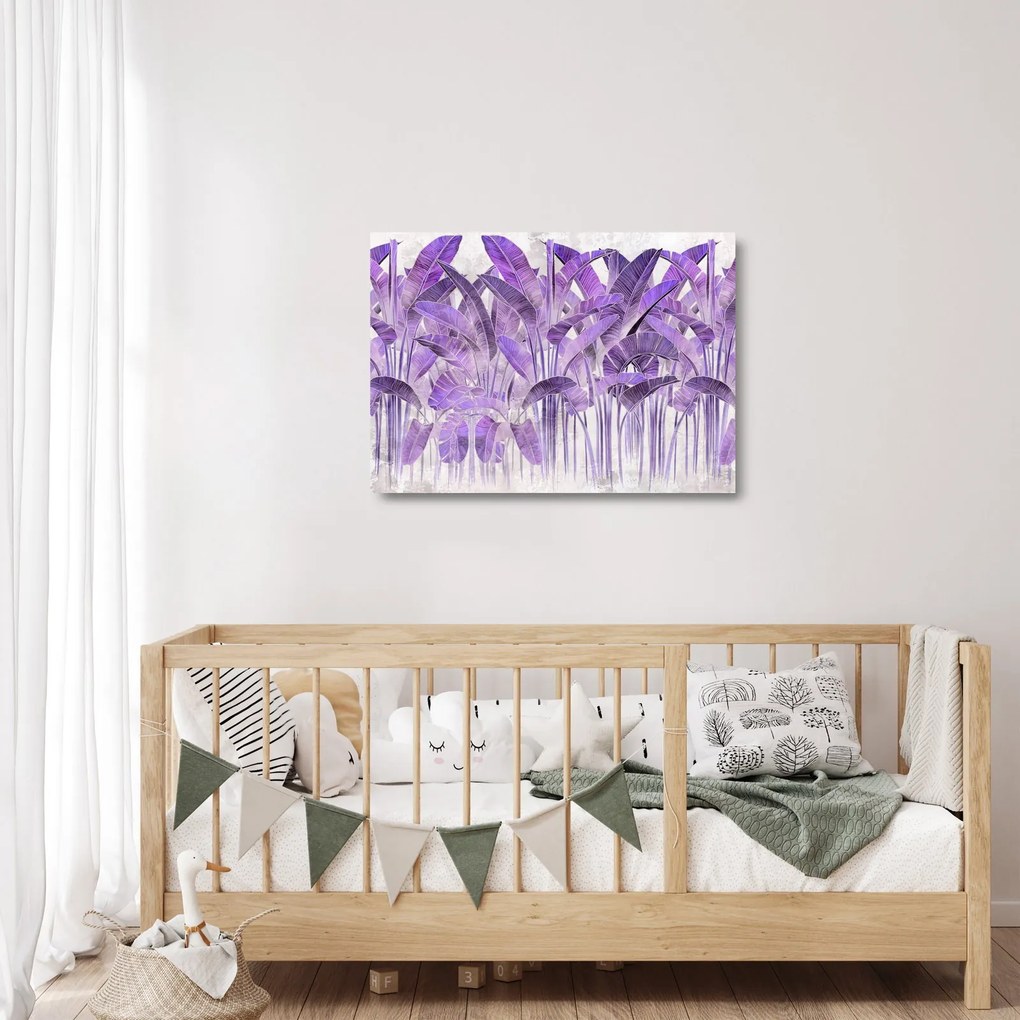 Tablou pe sticlă - Frunze violet în tencuială (70x50 cm)