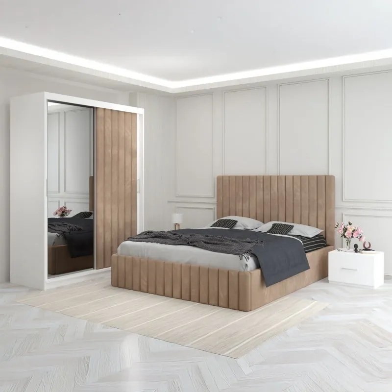 Set Mobila De Dormitor Luca Crem, pat tapitat 160x200cm,  dulap cu oglinda 150x210cm, noptiere