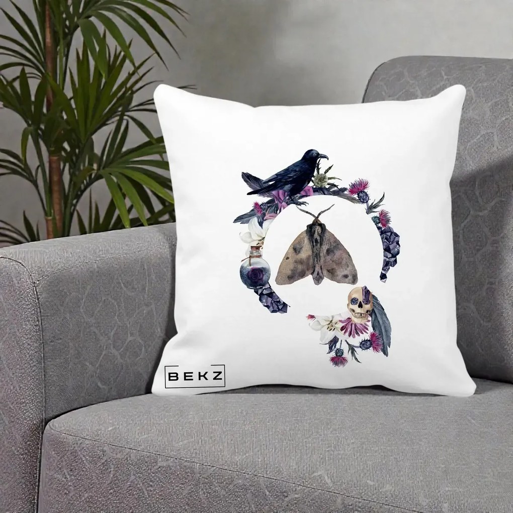 Perna Decorativa Gothic Wreath Corb Moliu Craniu, 40x40 cm, Alba Mata, Husa Detasabila, Perna Inclusa, BEKZ®