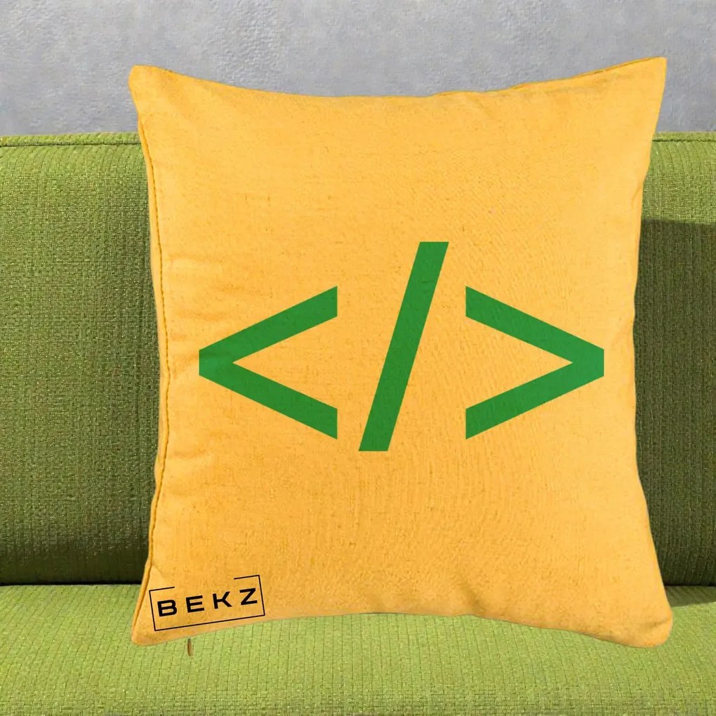 Perna Personalizata Cod HTML Turcoaz, 40x40 cm, Galben, Husa Detasabila, Perna Inclusa, BEKZ®