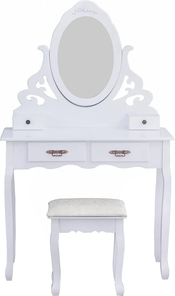 Set Clara Masă de toaletă pentru machiaj cu scaun, oglindă și 4 sertare, Alb