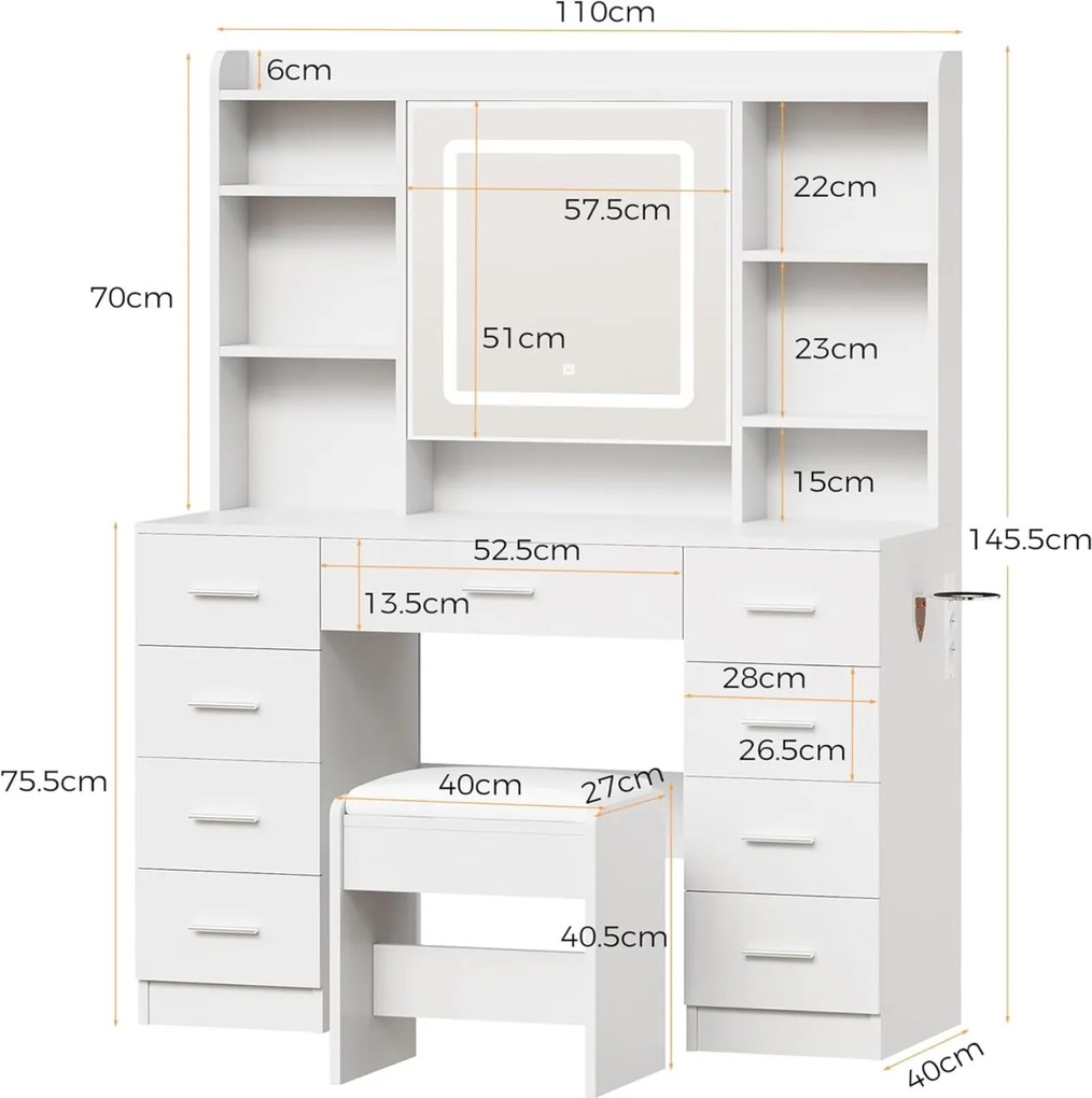 Masuta machiaj cu Oglinda LED si 9 Sertare pentru Cosmetice, Set Masa toaleta 110 cm, Alb, masuta cosmetica, vanity - SEA824