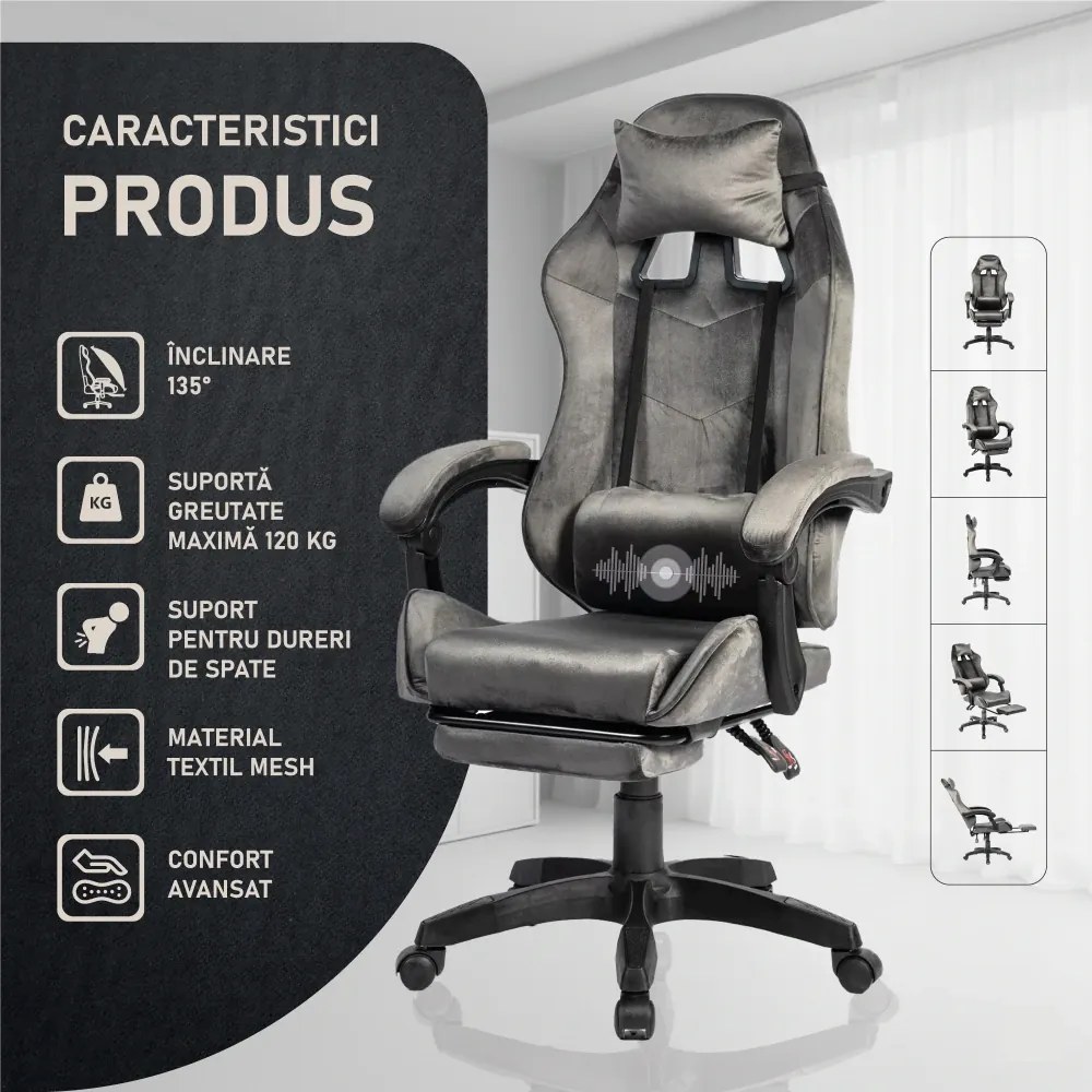 Scaun gaming, masaj în perna lombară, suport picioare, textil, Gri