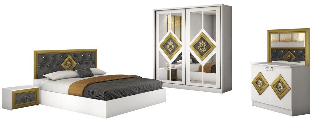 Dormitor Deluxe, culoare alb / gri, cu pat tapitat 160 x 200, dulap 200 cm, comoda si 2 noptiere