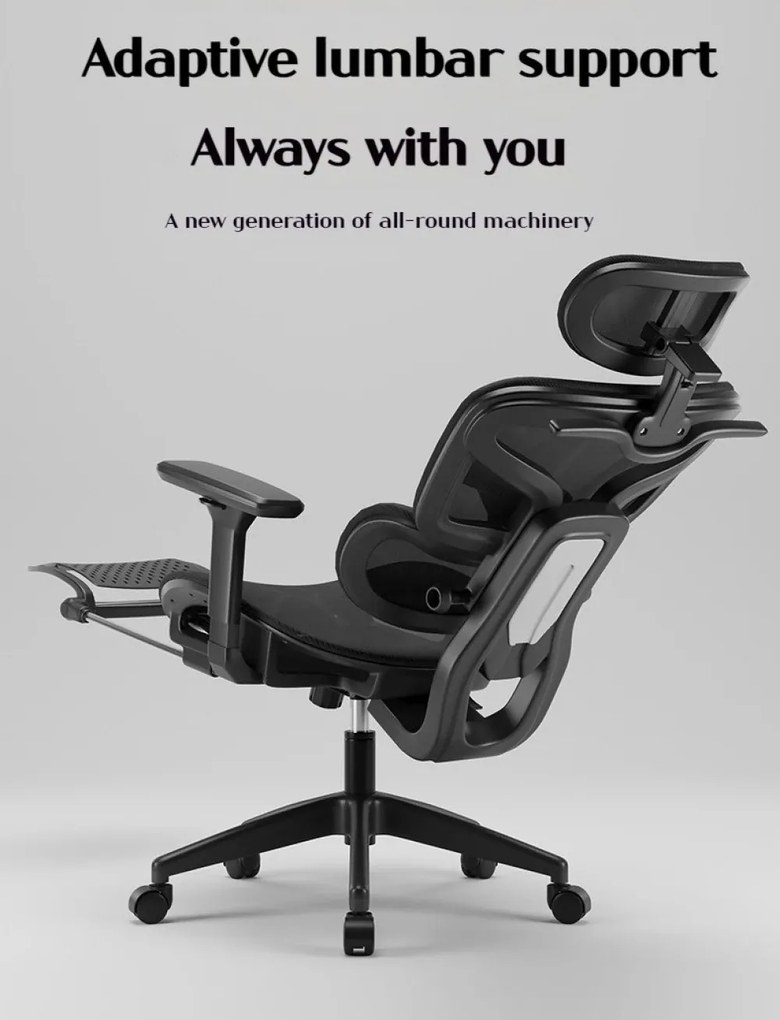 Scaun ergonomic, Sezut Translatie, Cotiere 6D, Tetiera 6D, Suport Lombar Adaptiv, Spătar reglabil inaltime, pivotant, suport picioare, sezut buretat, Negru