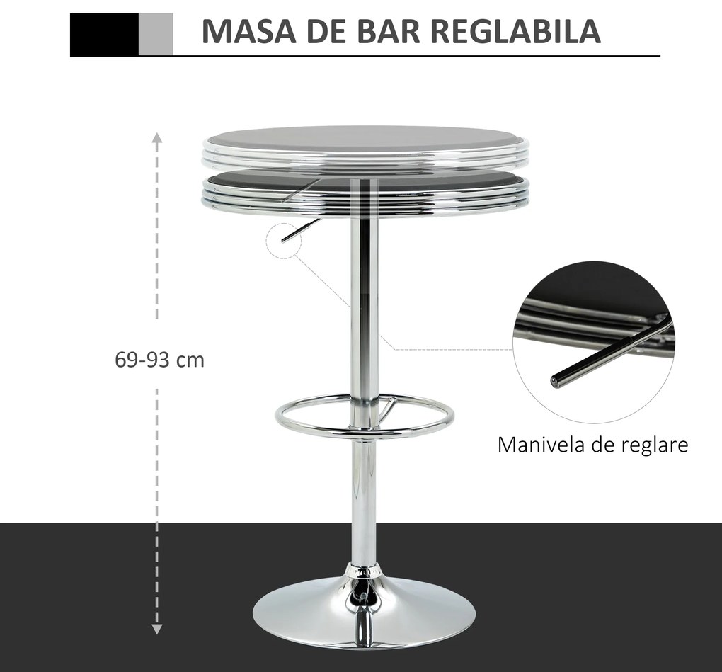 Masa Moderna de Bar HOMCOM, Multifunctionala, Metal si Imitatie de piele Neagra, Φ65x66-90cm | Aosom RO