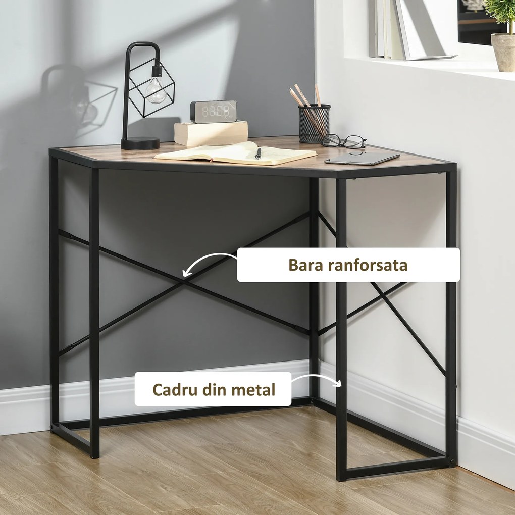 HOMCOM Birou pentru computer de colt cu structura de otel si blat din PAL, 80x80x77,5 cm, negru si maro