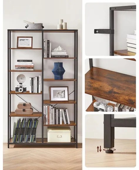 Biblioteca Cu 5 Niveluri, Maro Rustic Si Negru, 100 Cm
