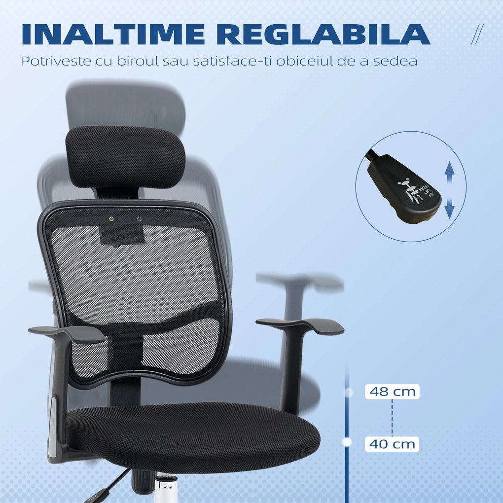 Vinsetto Scaun de Birou Ergonomic și Reglabil cu Tetieră, Negru | Aosom Romania