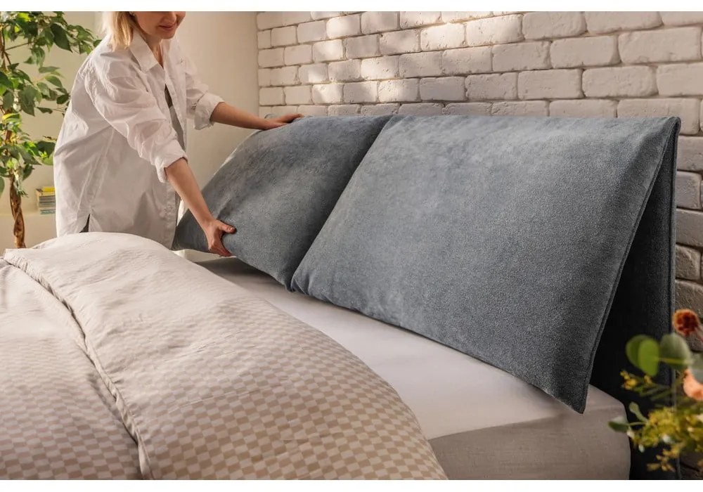 Pat matrimonial albastru tapițat cu spațiu de depozitare cu somieră 180x200 cm Thessa Pillow – Bonami Selection