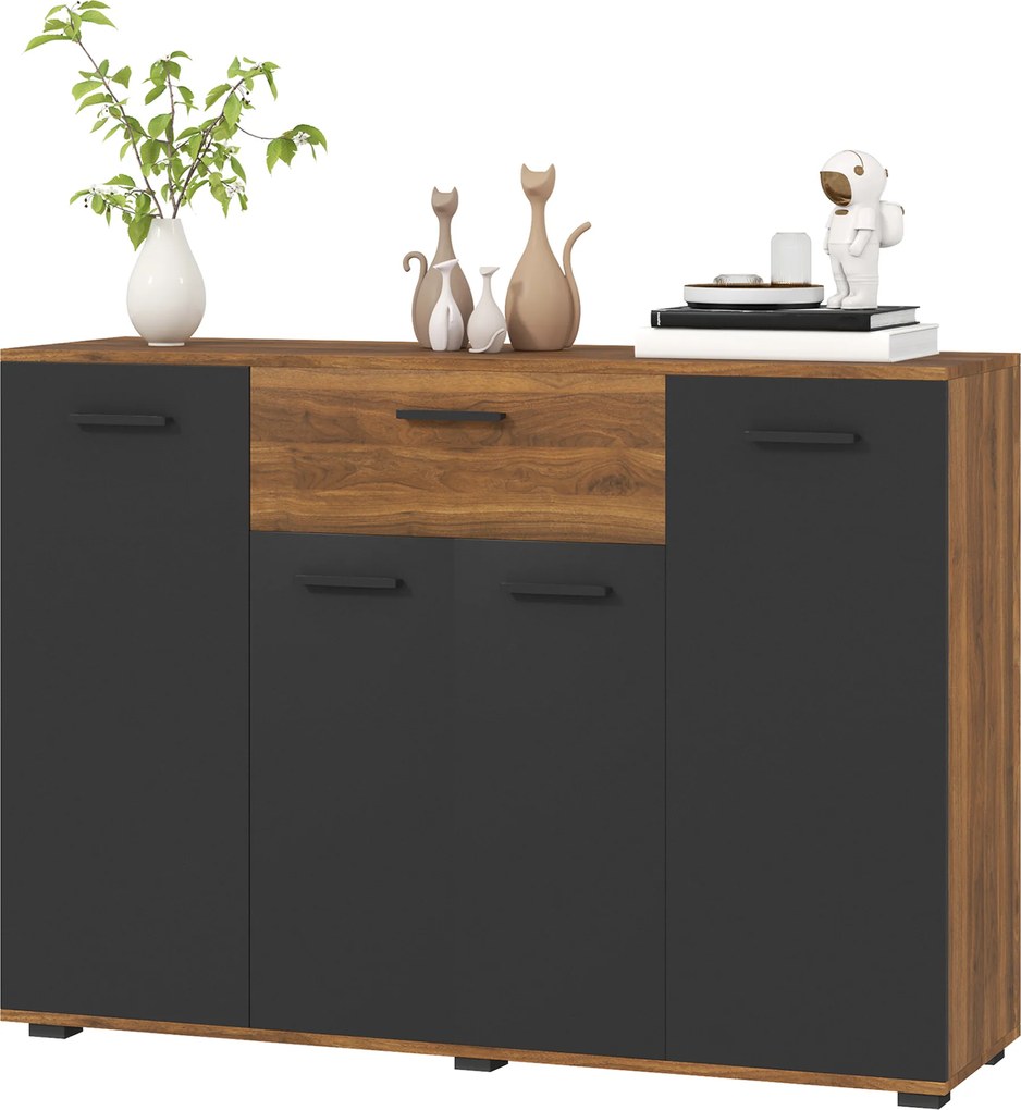 HOMCOM Bufet pentru living, mobilier de depozitare cu 4 dulapuri, sertare și rafturi reglabile, dim. 120 x 35 x 85 cm, maro și negru | Aosom Romania