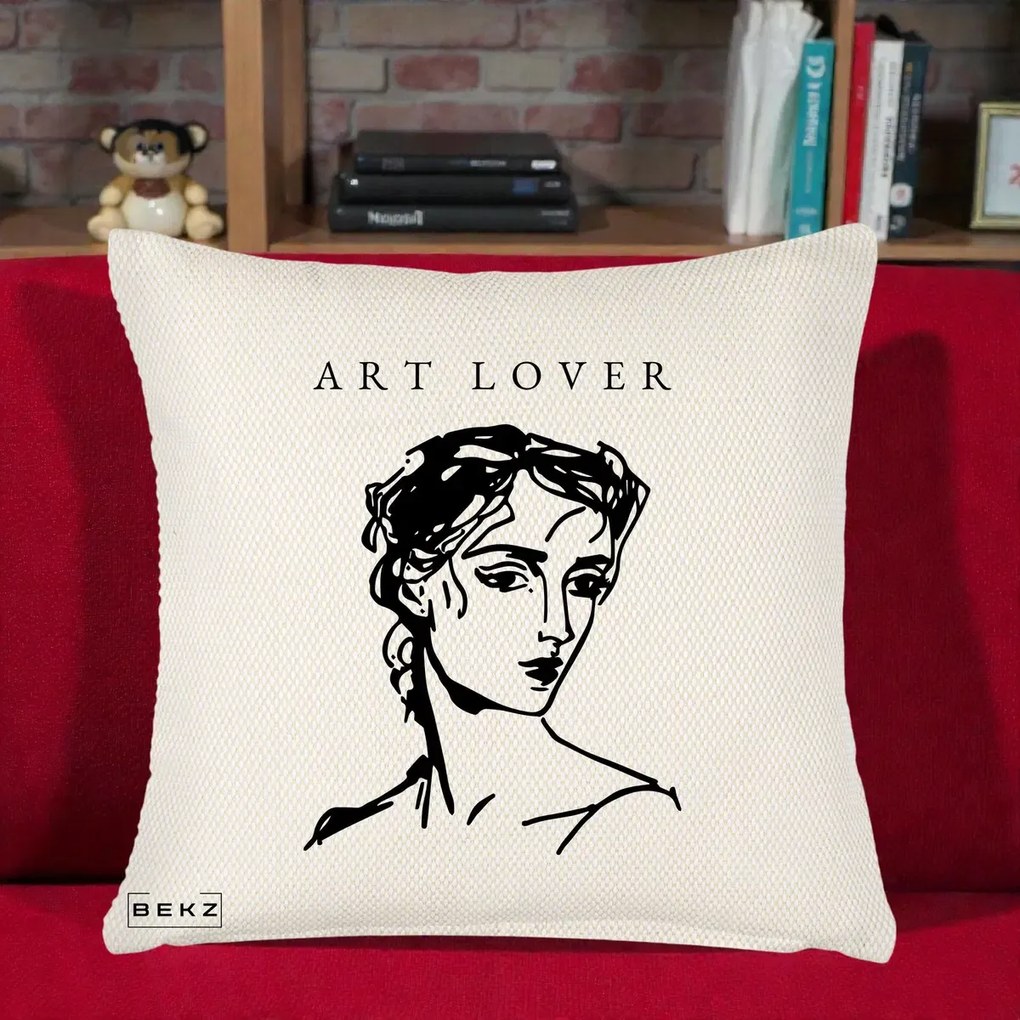 Perna Decorativa Art Lover Portret Grafic, 40x40 cm, Crem Reliefat, Husa Detasabila, Perna Inclusa, BEKZ®