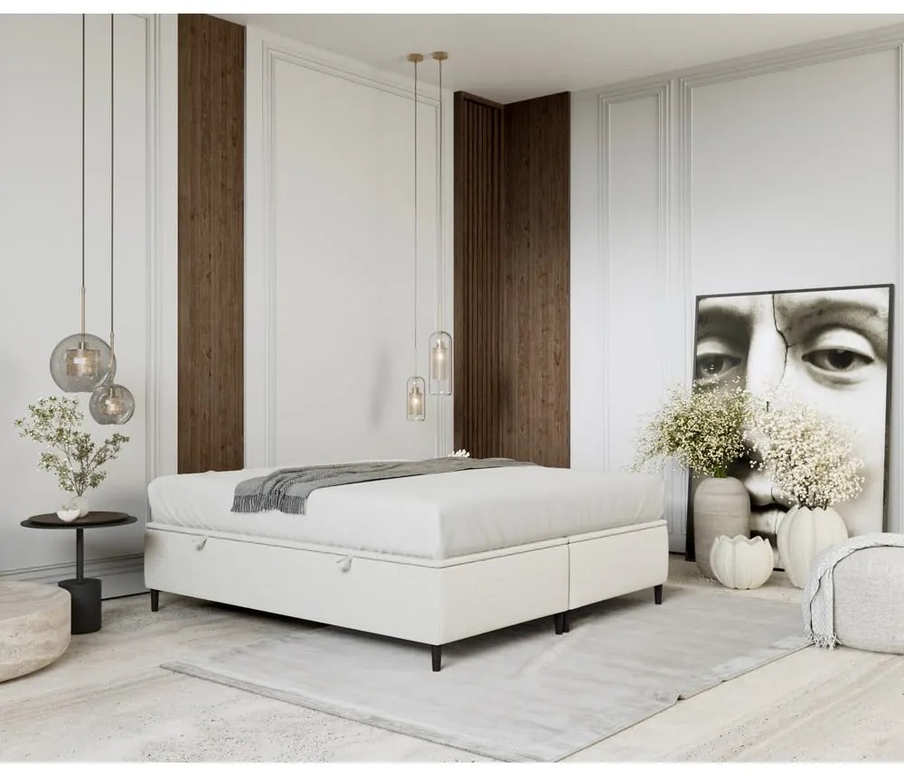 Pat matrimonial crem tapițat cu spațiu de depozitare 200x200 cm Tate – Maison de Rêve