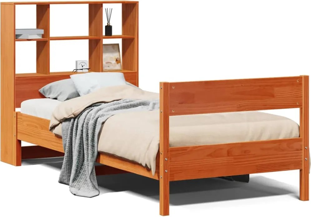 vidaXL Pat cu bibliotecă fără saltea, maro, 100x200 cm, lemn masiv pin