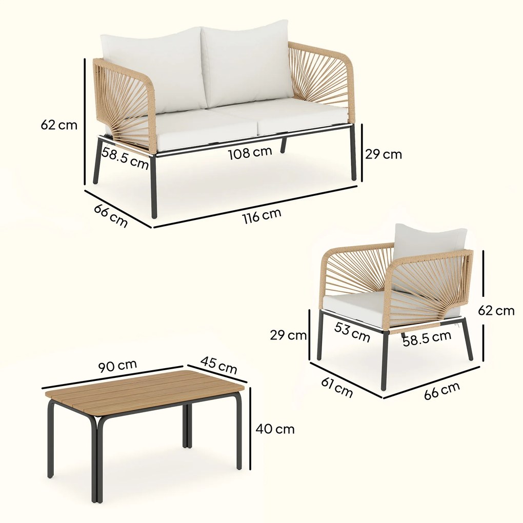 Outsunny Set mobilier de grădină, grup de șezut pentru 4 persoane, lounge cu sofă 2 locuri, 2 fotolii, masă cu lamele, împletitură tip sfoară, perne lavabile | Aosom Romania