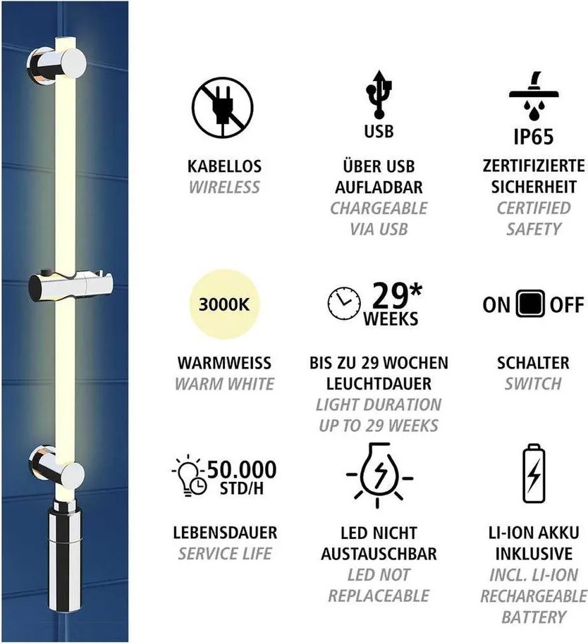 Tijă de duș argintie de montat pe perete 74 cm LED – Wenko