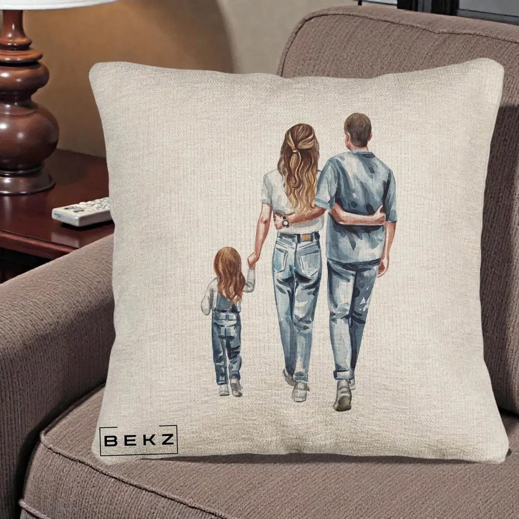 Cadou pentru Familie - Perna Personalizata Familie Acuarela Jeans, 40x40 cm, Bej Canapea, Husa Detasabila, Perna Inclusa, BEKZ®