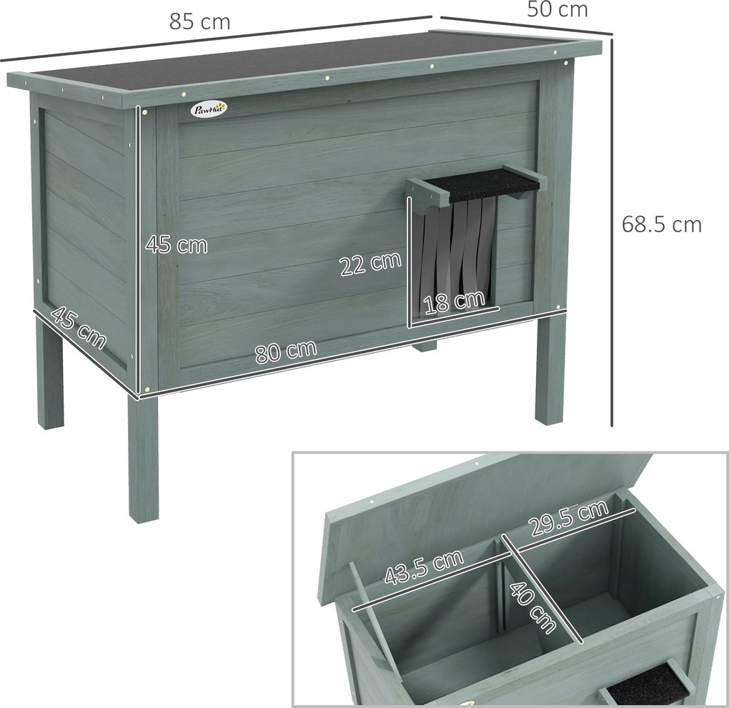 PawHut Casa pentru pisici adăpost de exterior din lemn ridicată cu acoperiș deschis izolată 85 x 50 x 68,5 cm gri închis și negru | Aosom Romania