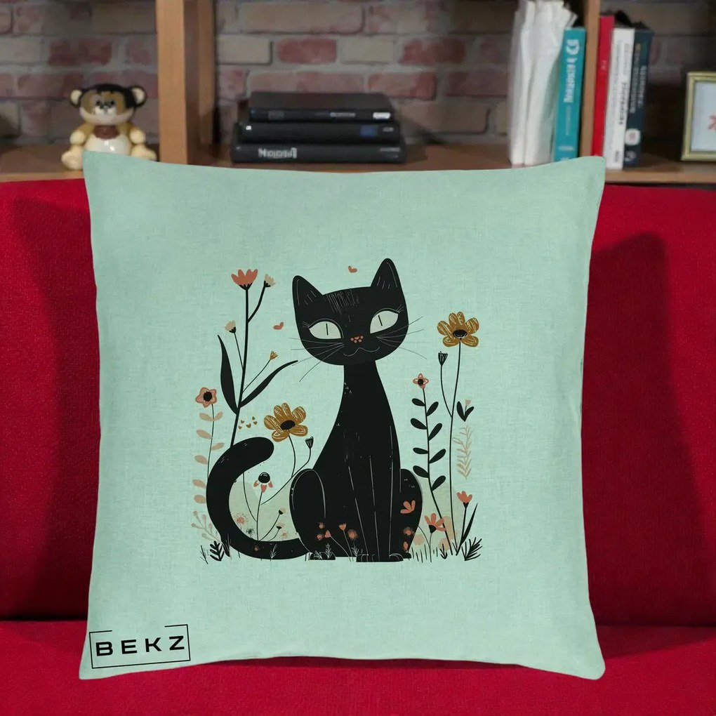 Perna Decorativa Pisica Neagra Flori Pastel Folk, 40x40 cm, Verde Menta, Husa Detasabila, Perna Inclusa, BEKZ®