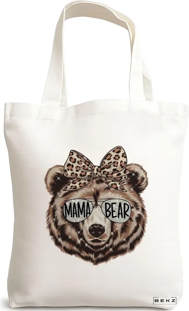 Sacosa de Panza pentru Cumparaturi, Geanta Tote, model Mama Bear 38 x 34.5 cm, Alba, BEKZ®