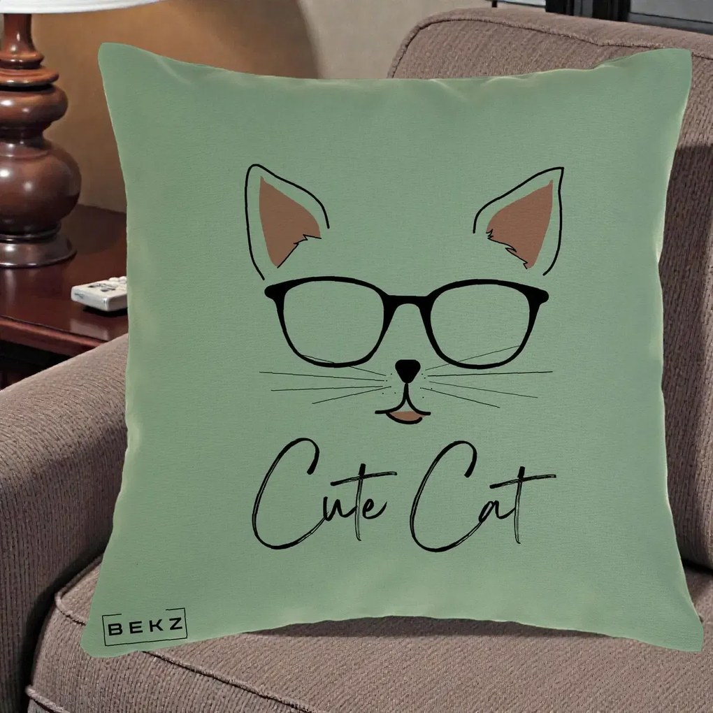 Perna Personalizata Cute Cat cu Ochelari, 40x40 cm, Verde, Husa Detasabila, Perna Inclusa, BEKZ®