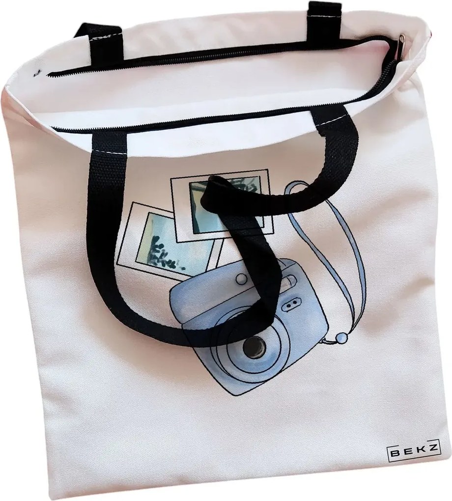 Sacosa de Panza pentru Cumparaturi, Geanta Tote, Travel Girl 14, Cu fermoar, 38x34.5 cm, Alba, BEKZ®