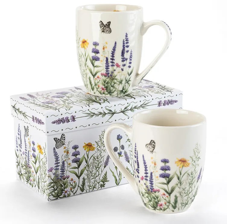 Set de căni din porţelan LAVANDĂ ŞI FLUTURI în cutie cadou 350 ml 2 buc