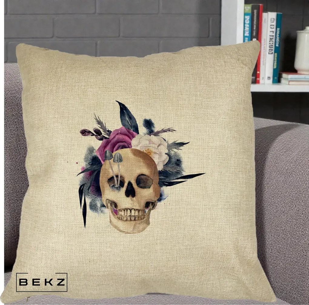 Perna Decorativa Craniu Floral cu Trandafiri si Ciuperci, 40x40 cm, Crem, Husa Detasabila, Perna Inclusa, BEKZ®