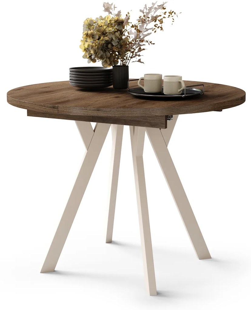 Mazzoni ALMO Nuc Elegant/picioare bej - MASĂ ROTUNDĂ EXTENSIBILĂ CU PICIOARE ÎN FORMĂ DE Y STIL LOFT PENTRU SALON/SUFRAGERIE