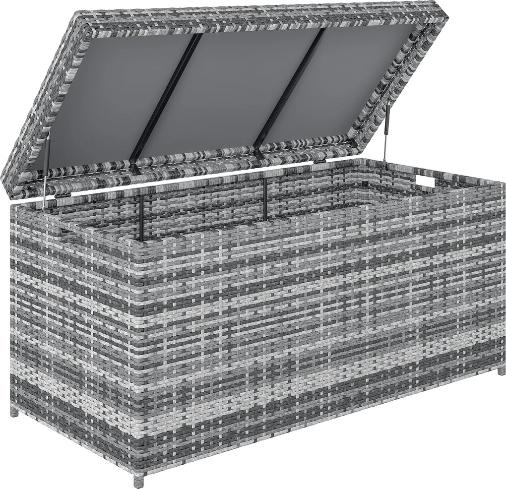 Outsunny Cutie pentru perne din ratan 380 L, rezistentă la intemperii, cu capac, spațiu de depozitare, rezistentă UV, 130 x 61 x 65 cm, gri închis | Aosom Romania