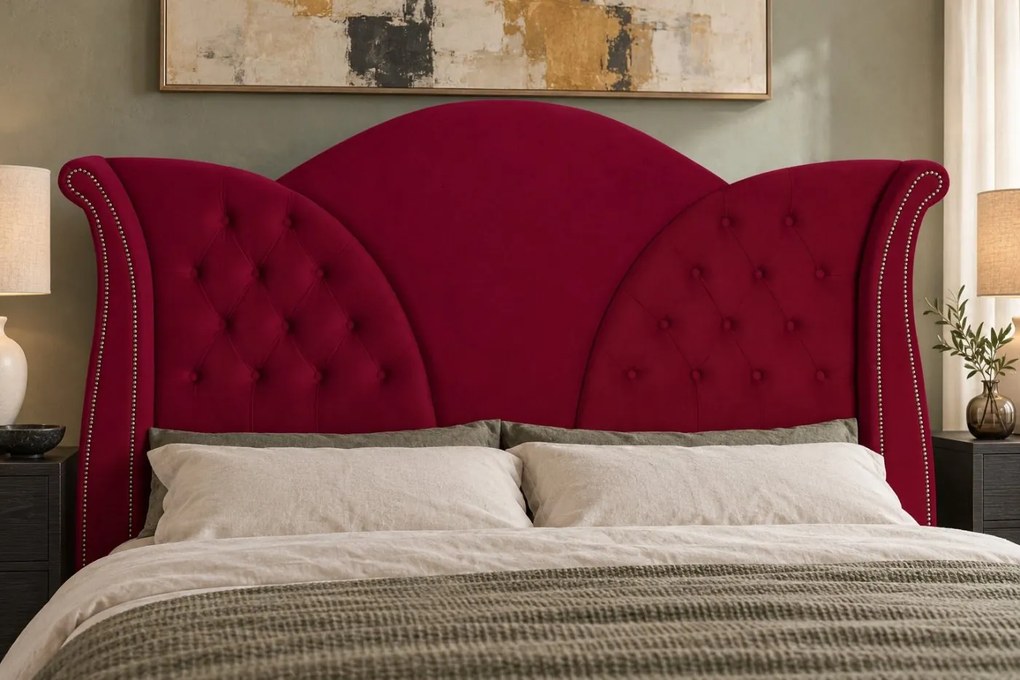 Pat tapițat Chesterfield din catifea Velora Deluxe Classic 160×200 cm, vișiniu, cu ladă de depozitare