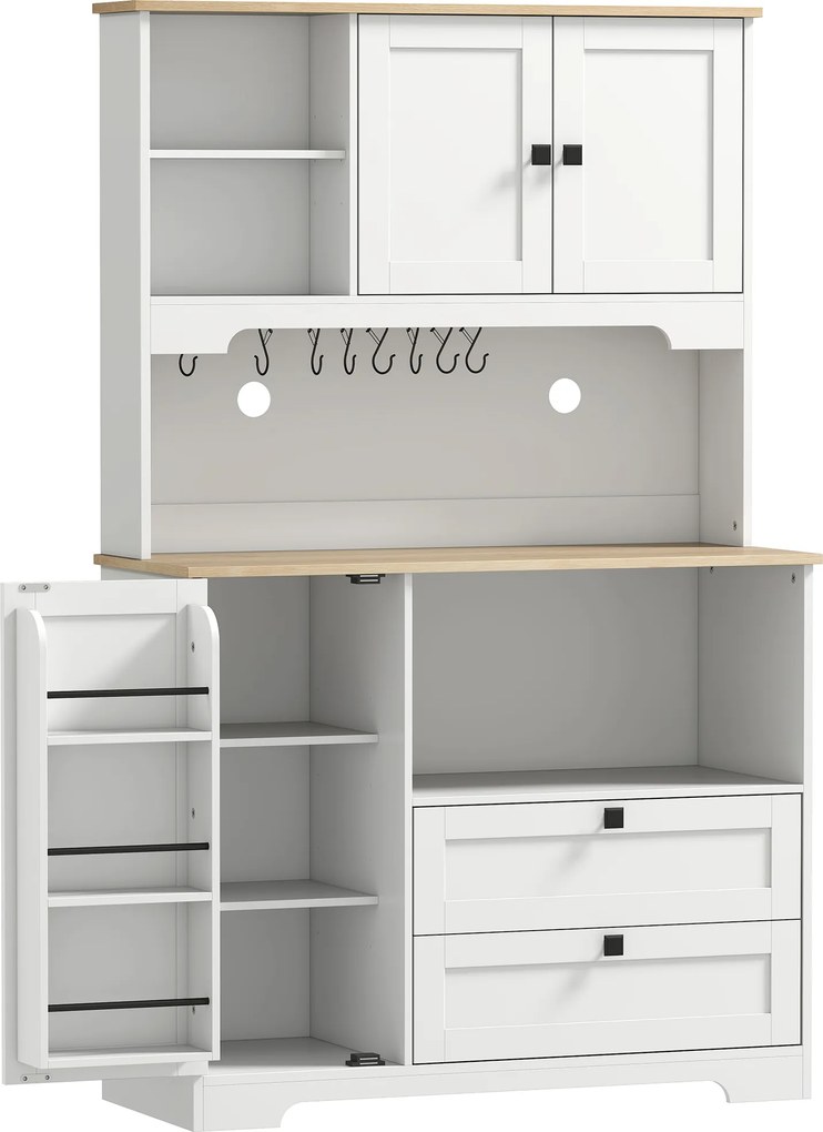 HOMCOM Bufet de Bucătărie Înalt 162 cm, Mobilier de Depozitare cu 2 Dulapuri, 2 Sertare, Suport Condimente, Orificii pentru Cabluri, Rafturi Reglabile, Blat pentru Cuptor cu Microunde, Suporturi pentru Cești, Alb | Aosom Romania
