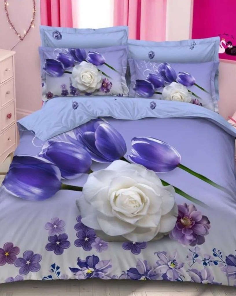 Lenjerie de pat cu 2 fete, imprimeu 3D, tesatura tip finet, pat 2 persoane, violet, 6 piese, A2-37