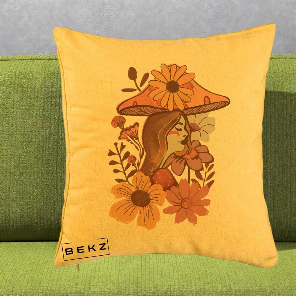 Perna Decorativa Fata Ciuperca Florala Boho, 40x40 cm, Galben, Husa Detasabila, Perna Inclusa, BEKZ®