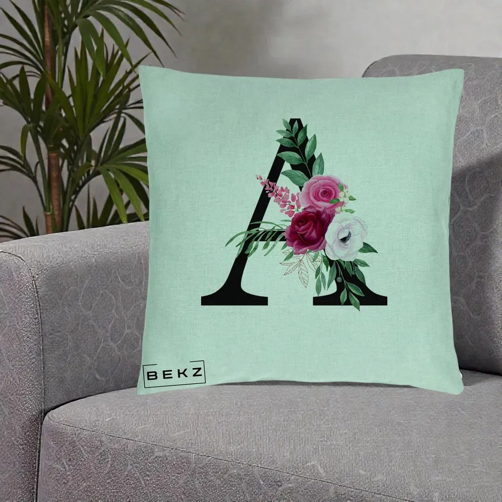 Cadou Personalizat - Perna Personalizata Monograma Florala Litera A, 40x40 cm, Verde Menta, Husa Detasabila, Perna Inclusa, BEKZ®