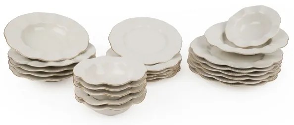 Set de veselă 24 piese, porțelan alb cu detalii aurii