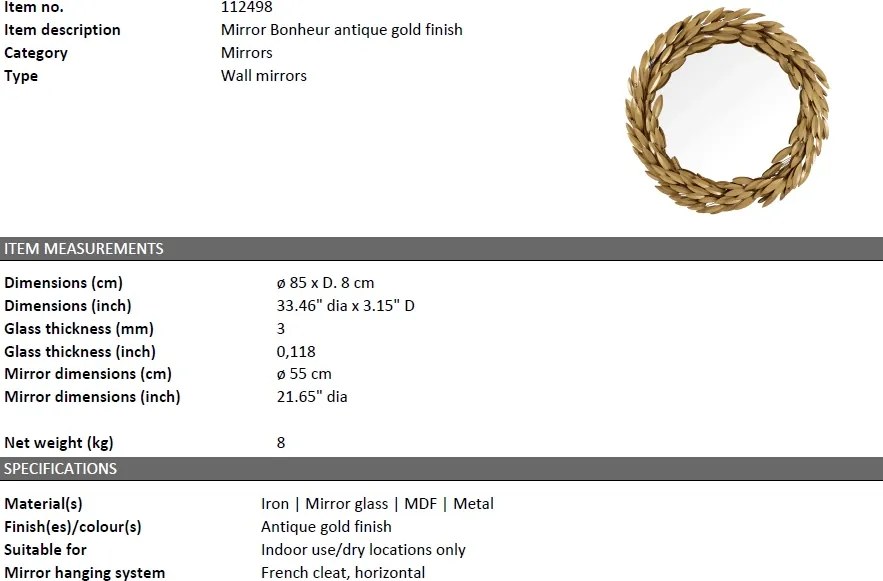 Oglinda decorativa design LUX Bonheur auriu antic 112498 HZ