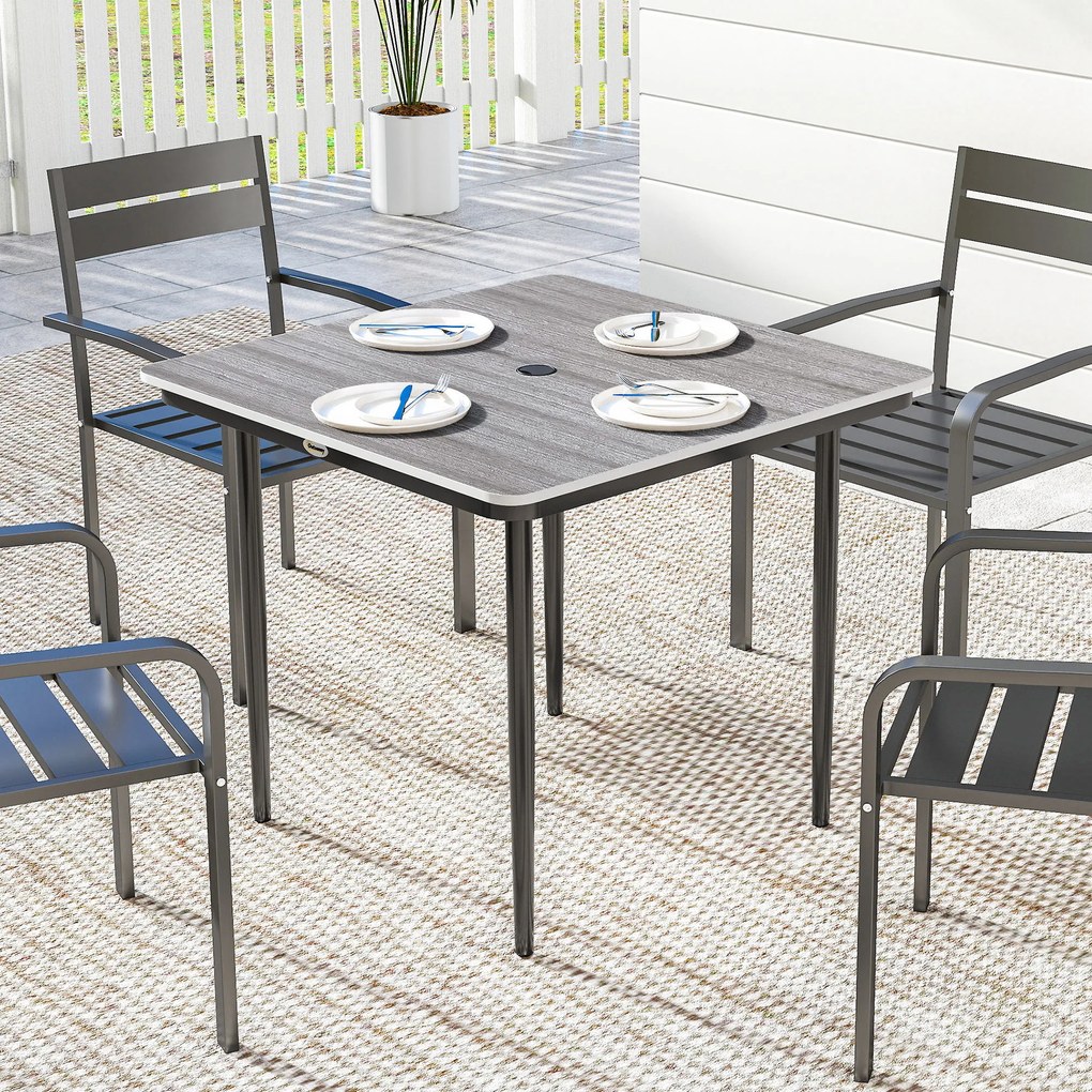 Outsunny Masă de grădină dreptunghiulară pentru 4 persoane, masă de luat masa exterioară cu orificiu pentru umbrelă, 85 x 85 x 72,5 cm, gri | Aosom Romania