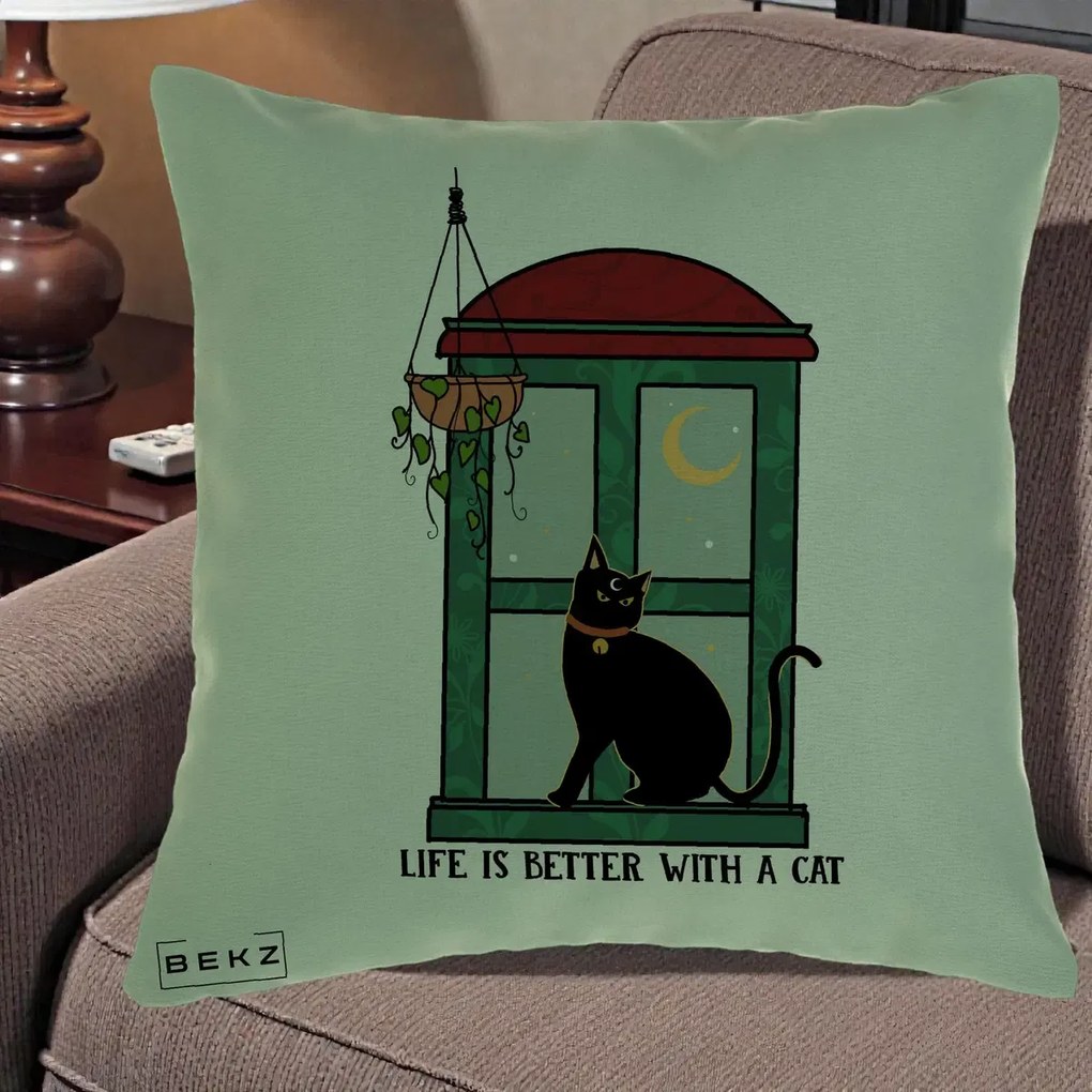 Perna Personalizata Life is Better with a Cat Geam, 40x40 cm, Verde, Husa Detasabila, Perna Inclusa, BEKZ®