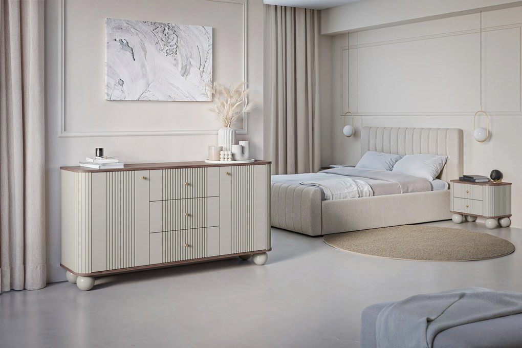 Comodă cu sertare pe picioare rotunde Vesper 160 cm - cașmir / nuc / mânere aurii