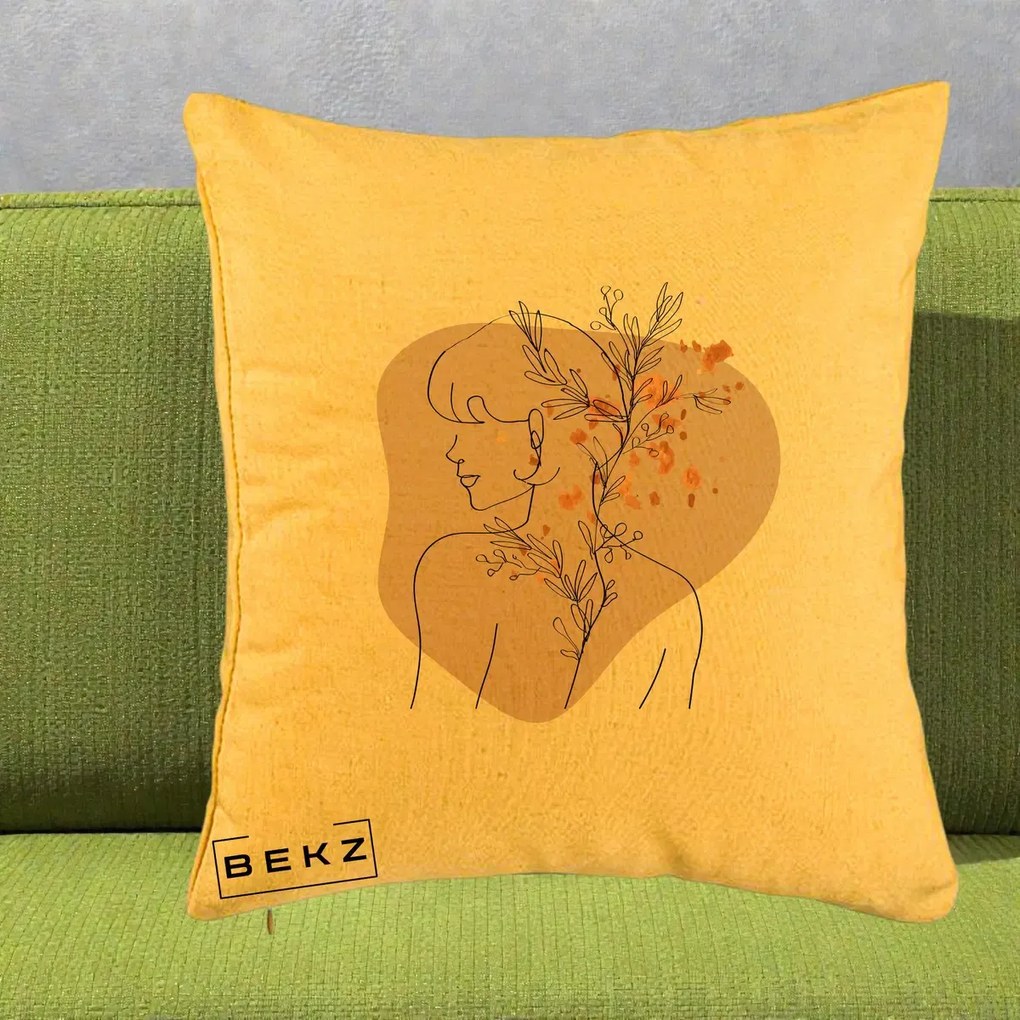 Perna Decorativa Femeie cu Flori Line Art Boho, 40x40 cm, Galben, Husa Detasabila, Perna Inclusa, BEKZ®