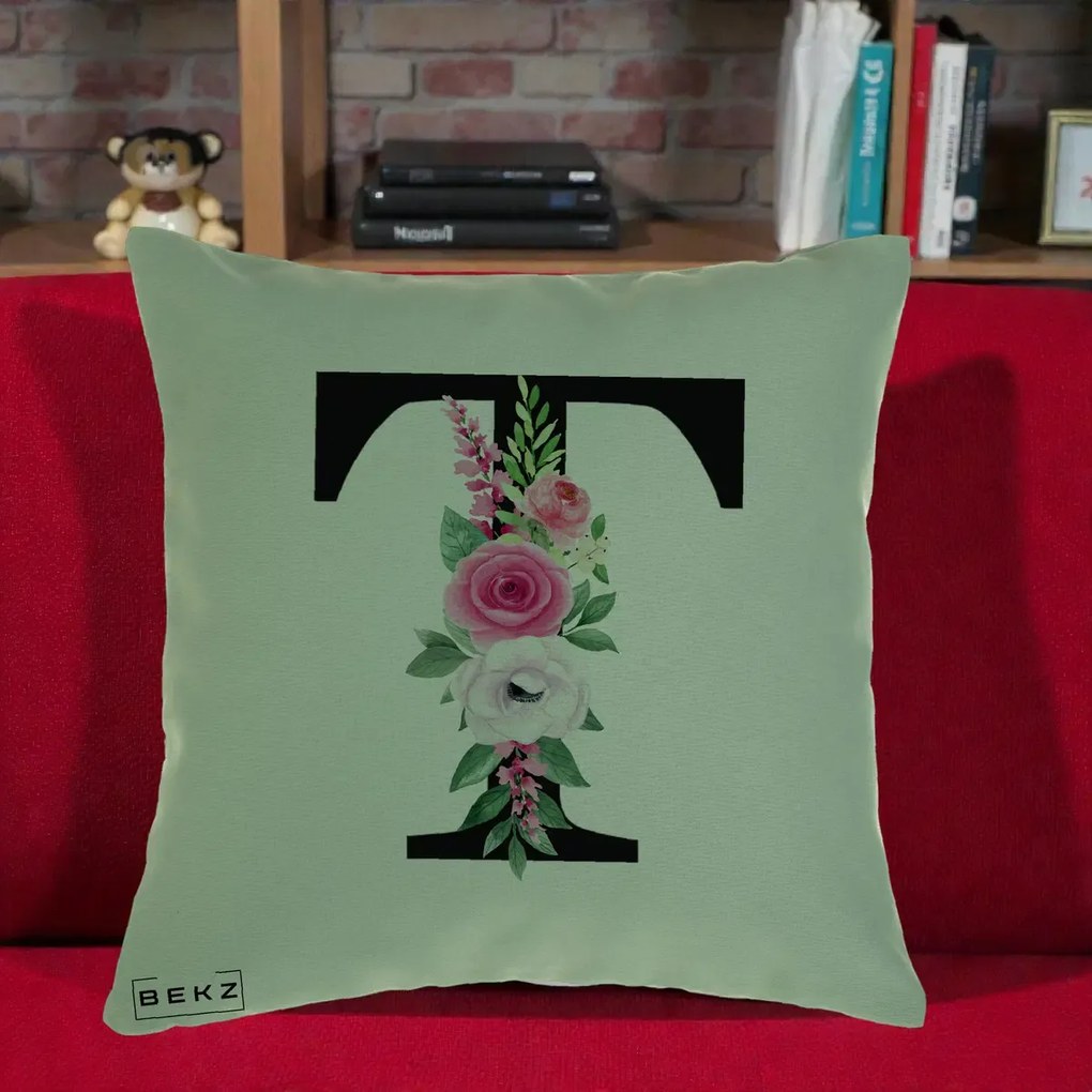 Cadou Personalizat - Perna Personalizata Monograma Florala Litera T, 40x40 cm, Verde, Husa Detasabila, Perna Inclusa, BEKZ®