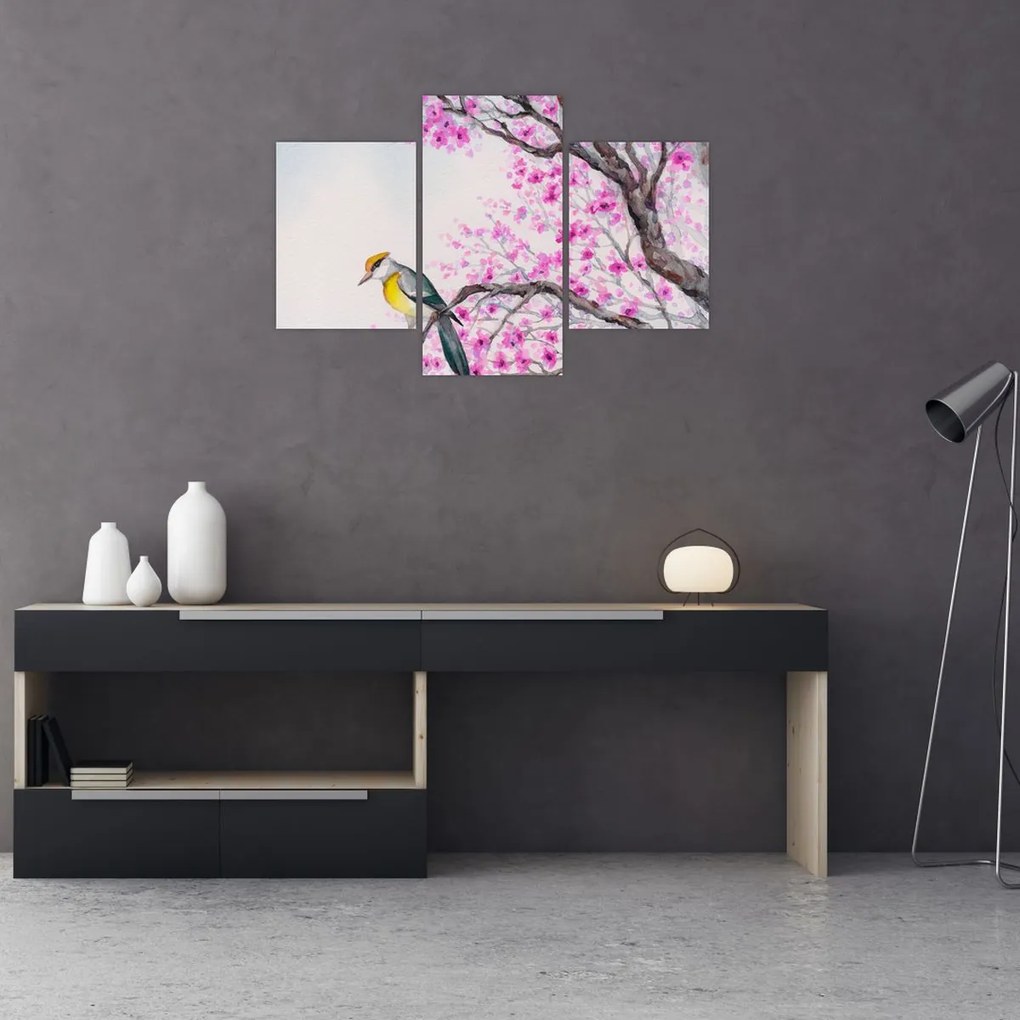 Tablou - Pasăre pe un copac cu flori roz (90x60 cm)