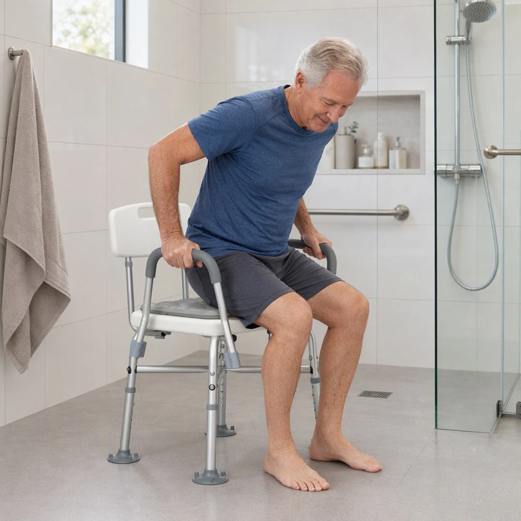 HOMCOM Scaun de Baie din Aluminiu Reglabil, cu Spătar și Brațe, Pernă Moale, Antialunecare, Alb | Aosom Romania