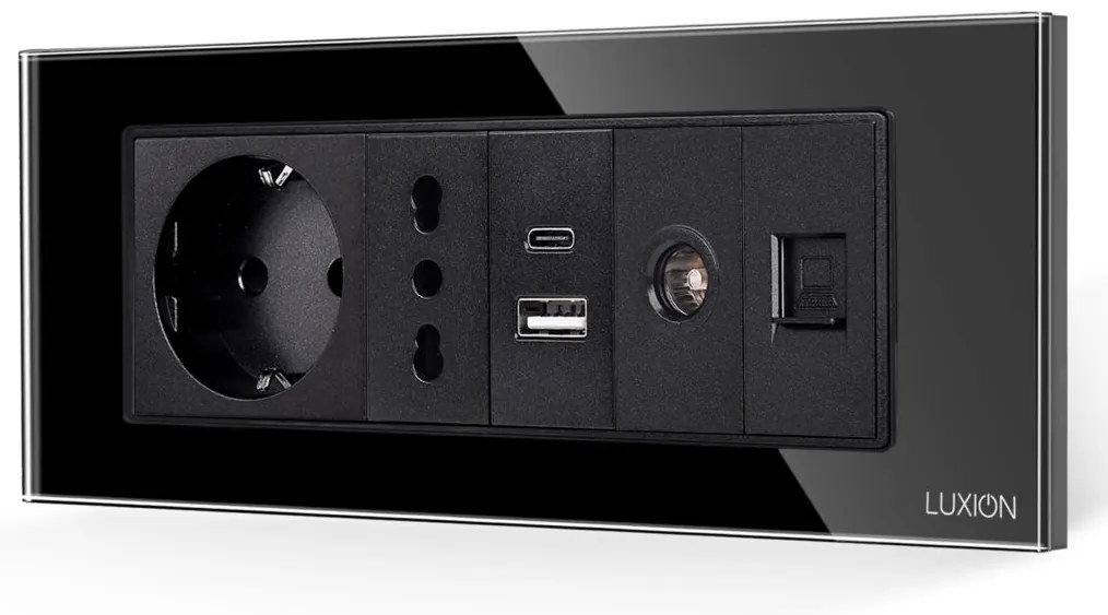 Priza Schuko + Ingusta + Dubla USB + TV + Internet cu Rama Din Sticla LUXION, Standard Italian, 6M