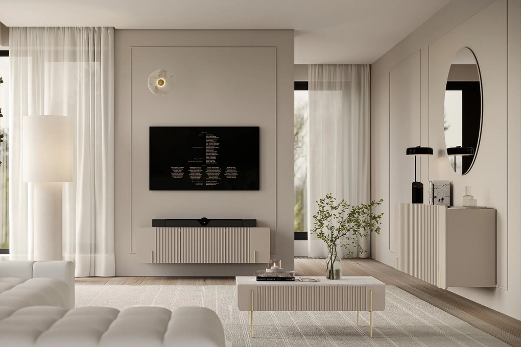 Măsuță de cafea Malmi 100 cm cu sertare - kaszmir / crema bianca / picioare aurii