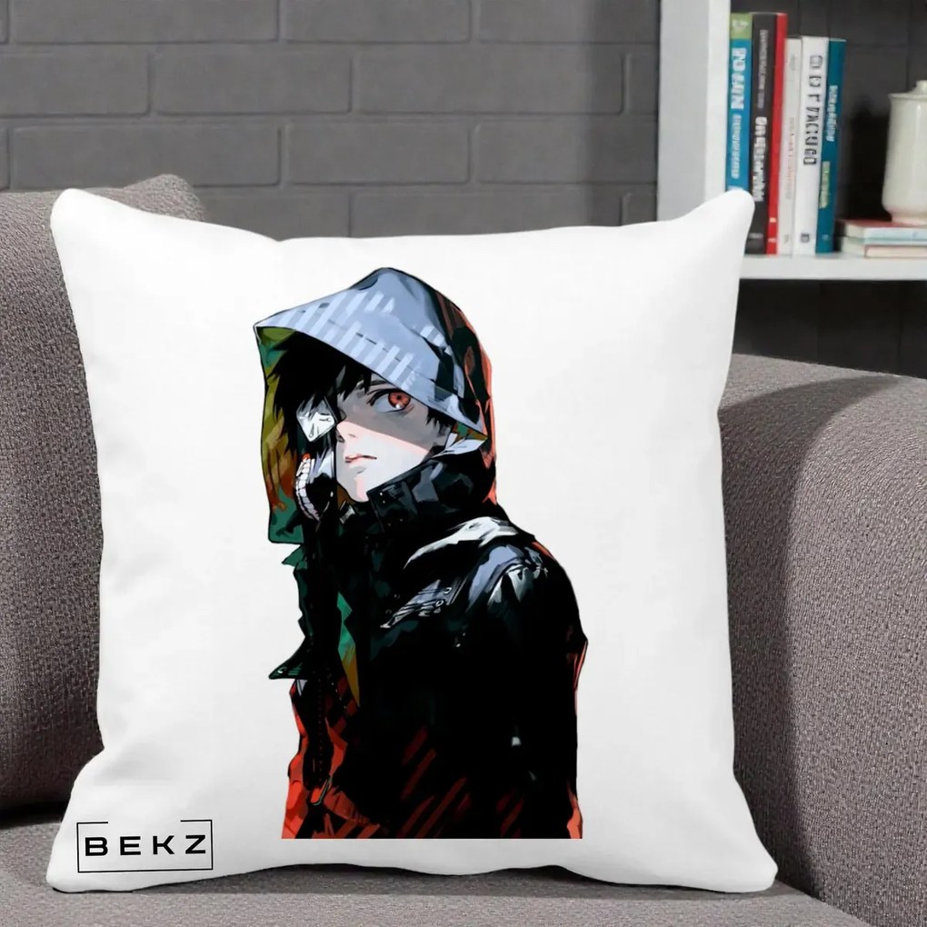 Perna Personalizata Tokyo Ghoul Ken Kaneki cu Masca si Gluga, 40x40 cm, Alba Mata, Husa Detasabila, Perna Inclusa, BEKZ®