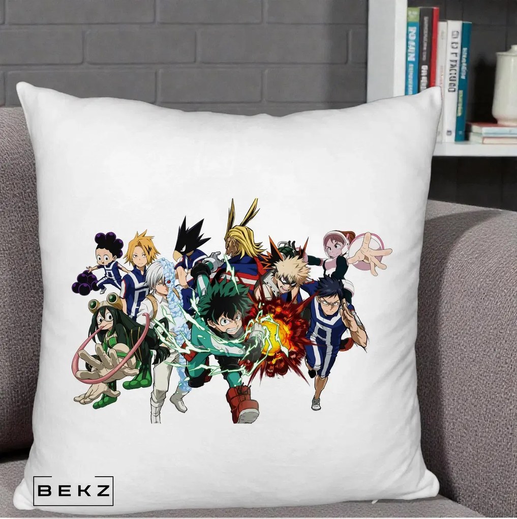 Perna Personalizata My Hero Academia Clasa 1-A Complet, 40x40 cm, Alb Pufos, Husa Detasabila, Perna Inclusa, BEKZ®
