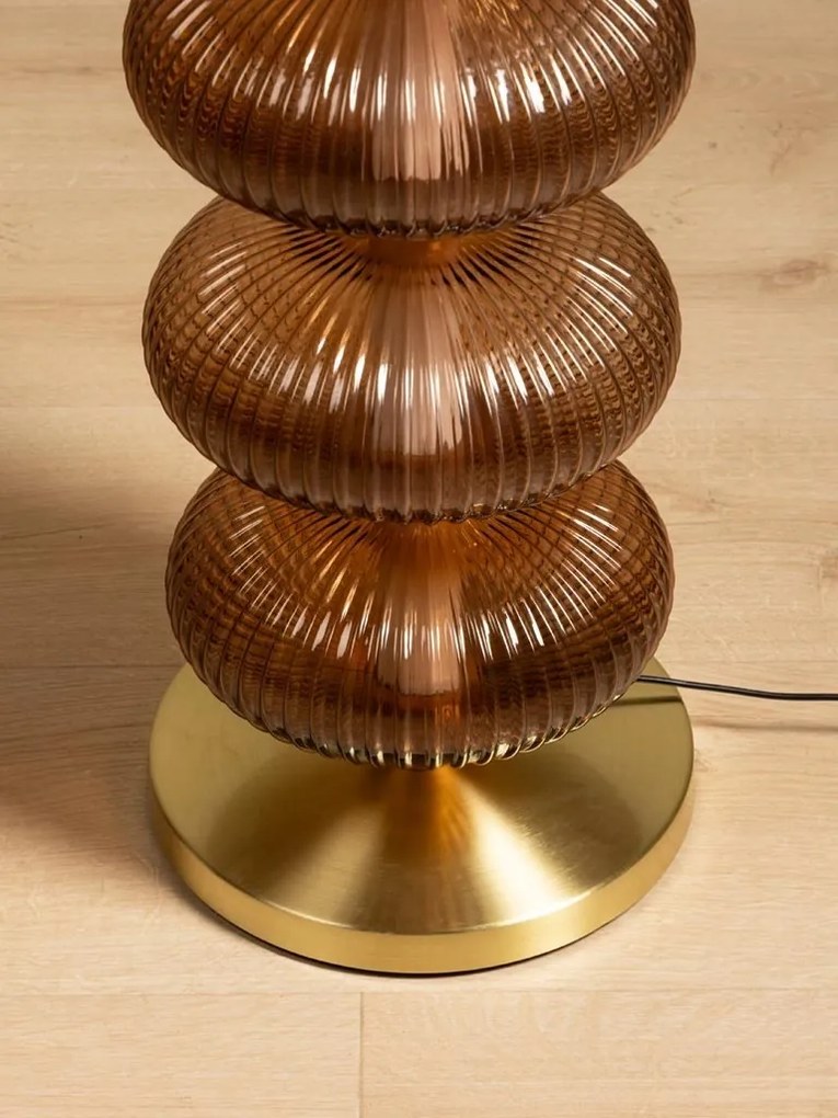 Lampă de masă din sticlă,maro, cu structură din alamă antichizata, formă sferică, finisaj vintage, 80x29 cm, „Auralis"